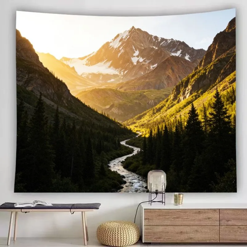 VIKAMA Golden Mountain Valley Landscape Tapestry Forest River Scenery Wall Hanging Aesthetic Decor Living Room Bedroom Dorm