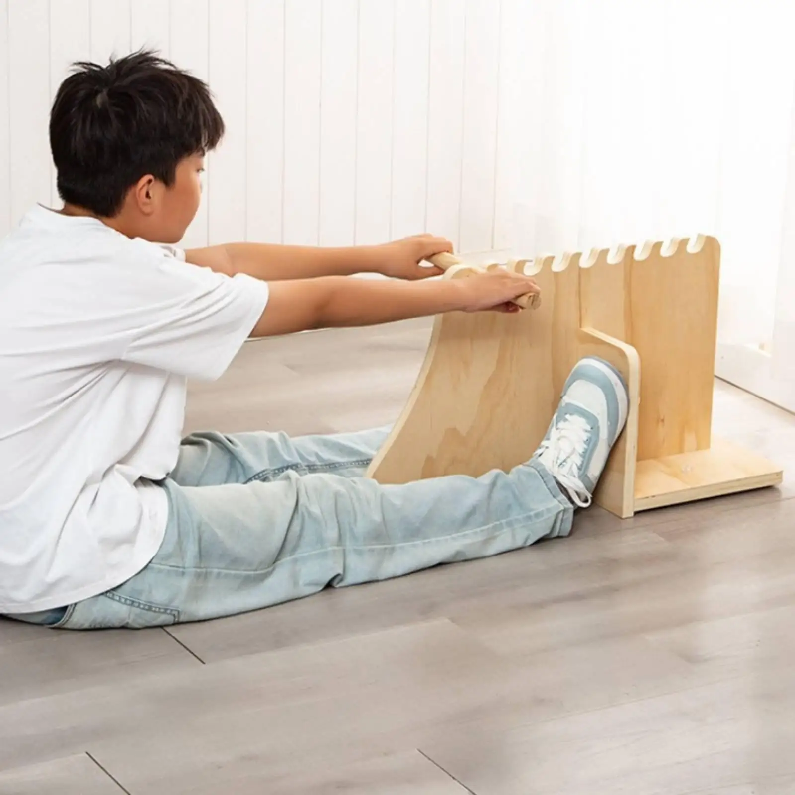 Natural Finish Wood Sit Reach Training Device Foldable Stretch Frame for Forward Bend Mobility Workout with Removable Cylinder