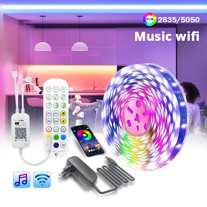 WiFi Music Sync Led Lights Strip with Alexa Wireless Led Strip Lights 5M 10M 15M 5050 SMD 2835 Ribbon Diode Flexible Stripe Lamp