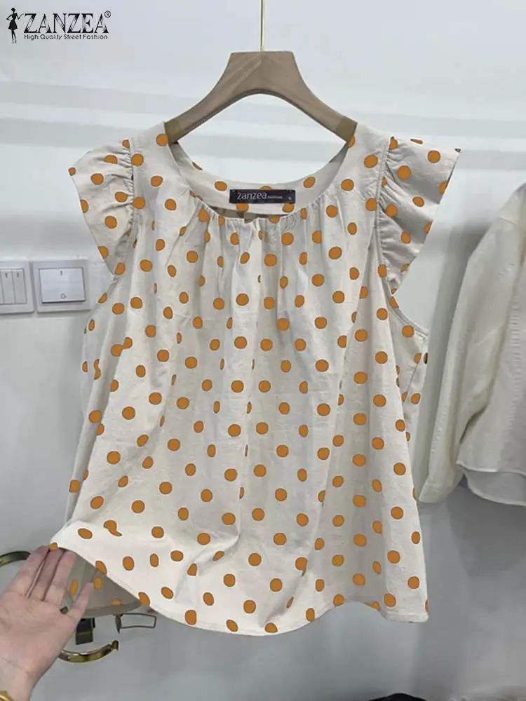 ZANZEA Elegant Ruffles Sleeve Tanks Women 2024 Summer Fashion Polka Dot Sleeveless Tees Tops Korean Casual O Neck Daily Blouses