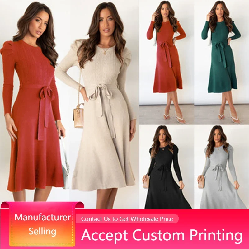 

Autumn Winter Knitted Women Dress Puff Long Sleeve Sweater Dress Elegant A-line Pullover Sashes Long Dress