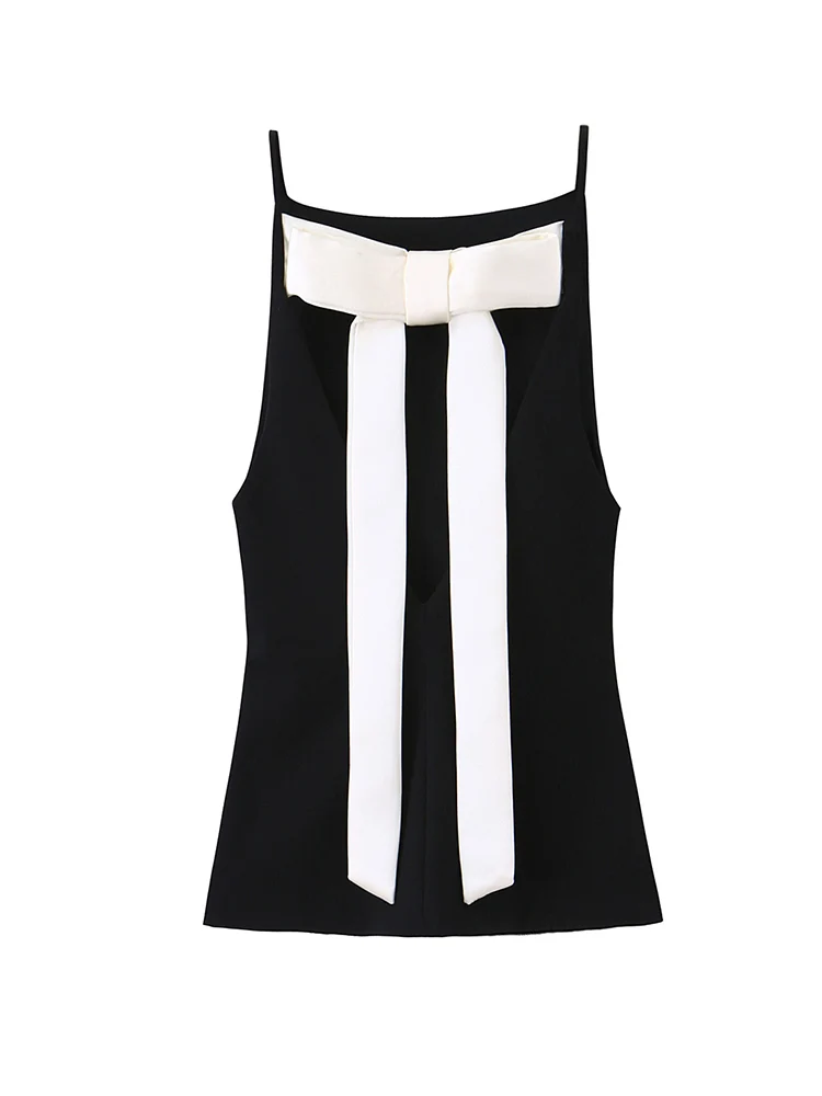 

Женская приталенная черная рубашка без рукавов с бантом на спине, блузки, топы