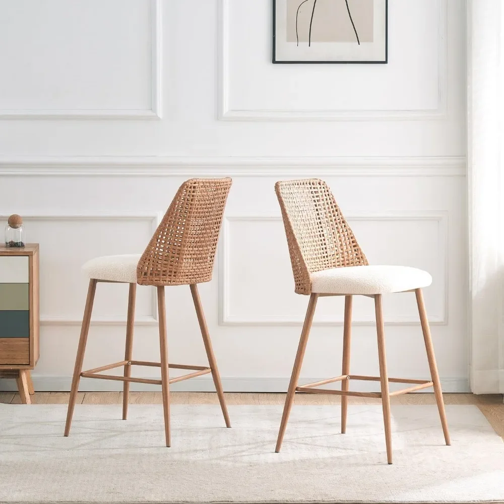 Rattan Counter Height Bar Stools, Upholstered Boucle Barstools with PE Rattan Back,Stools Armless Bar Chairs