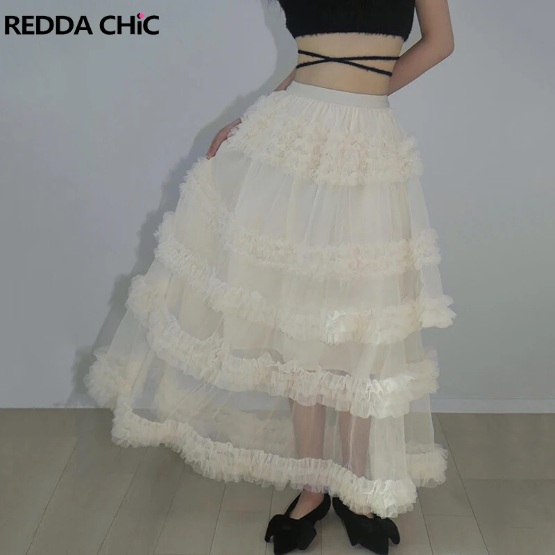 Reddachic princesa tule tutu vestido bonito inchado babado guarnição em camadas plissado cintura elástica maxi longo bolo saia festa roupas femininas