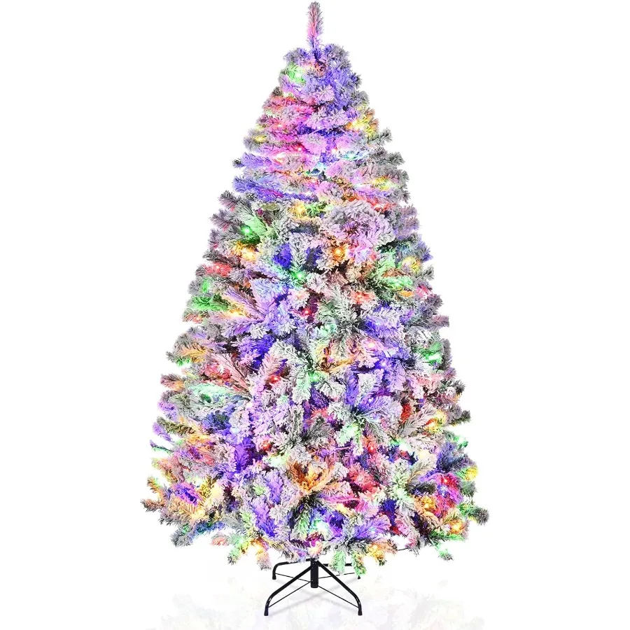 

6ft Pre-Lit Snow Flocked Christmas Tree W/250 Multicolored LED Lights 11 Remote Modes Artificial Xmas Tree W/Remote/Timer 1000
