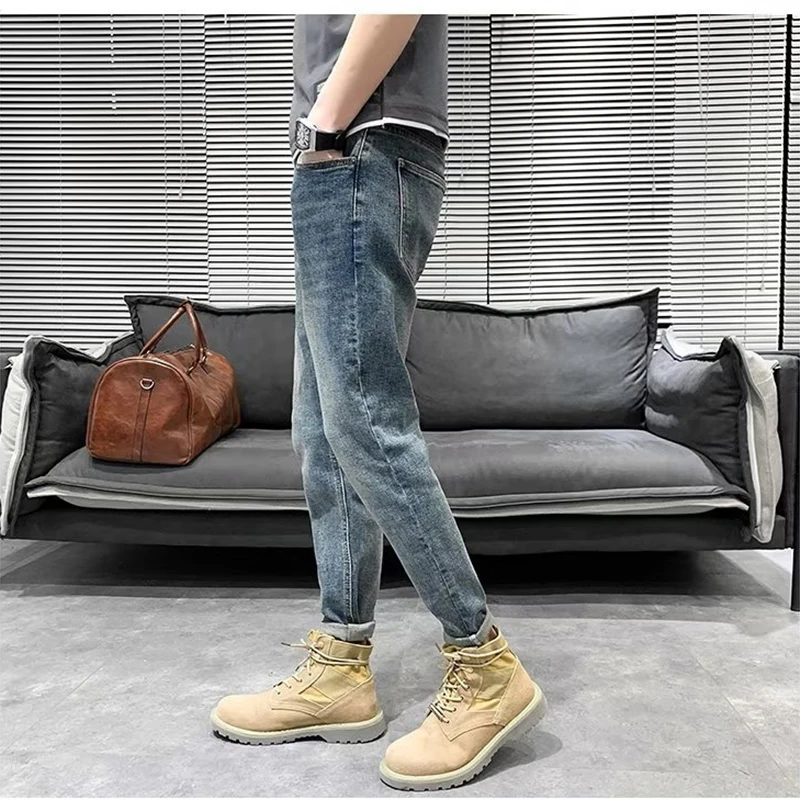 Jeans Kasual Slim Fit Melar Pria 2023 Celana Denim Klasik Warna Solid Biru Antik Pria Musim Semi Musim Panas Baru Celana Panjang Pria Bermerek