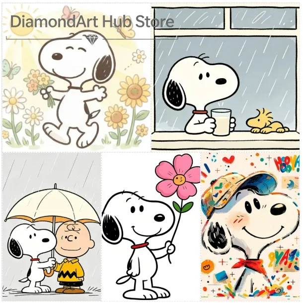 5D DIY Diamond Painting  Cute Snoopy Peanuts Cartoon Art Set, Sunny Flower, Rainy Window, Charlie Brown With Umbrella,