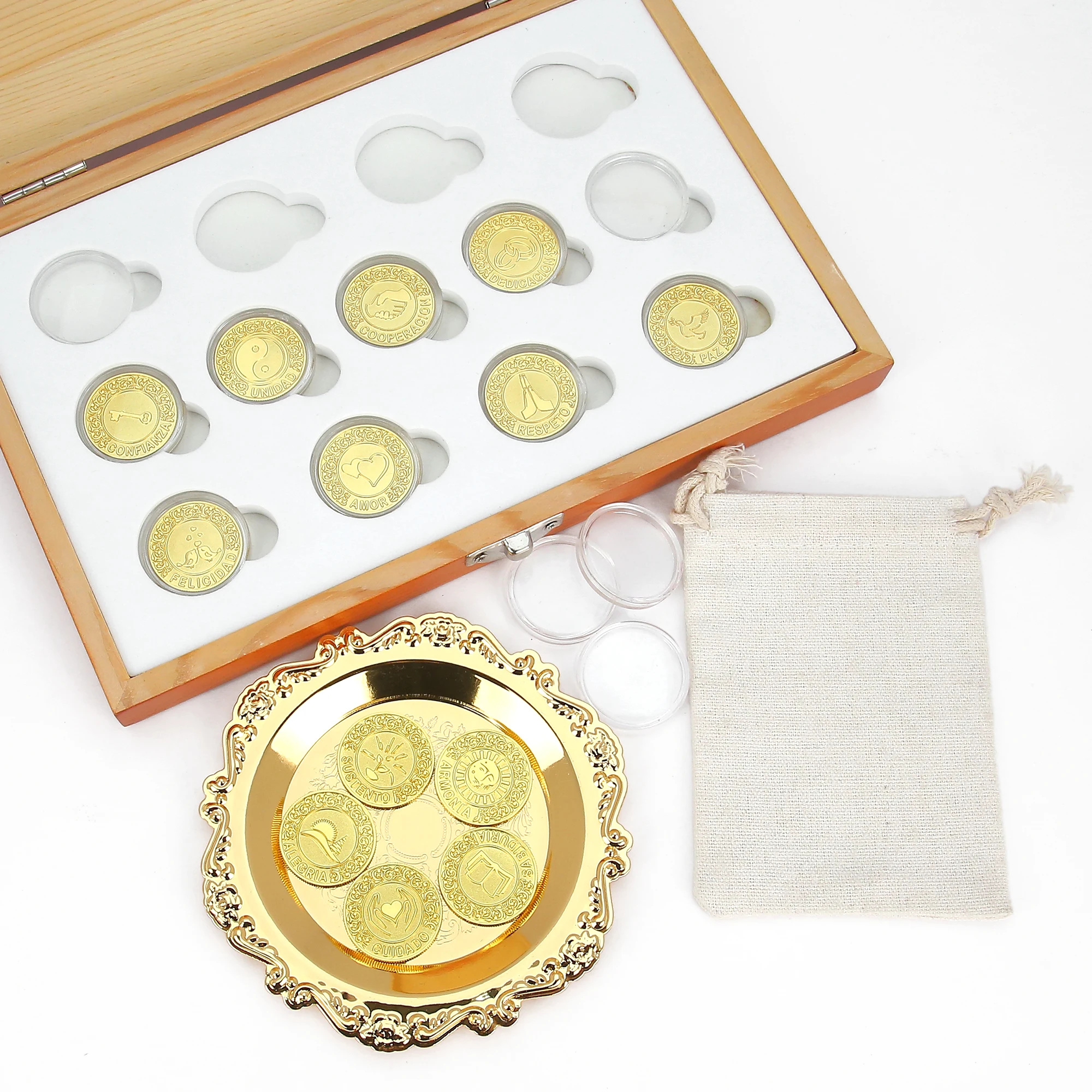 Spanish Wedding Arras Coins Set with Wooden Collection Box for Hispanic Catholic Wedding Ceremony