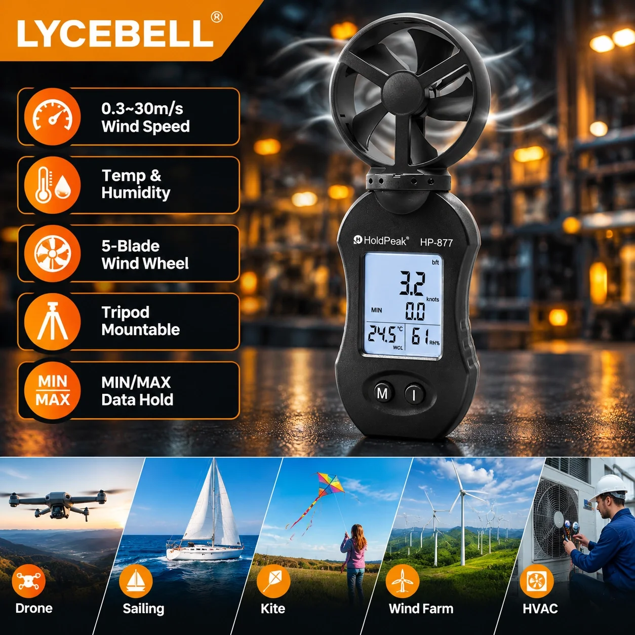 HoldPeak HP-877 5-Blade Anemometer 0.3-30m/s 5 Units MIN/MAX Temp Humidity Tripod Mount for Drone Sailing