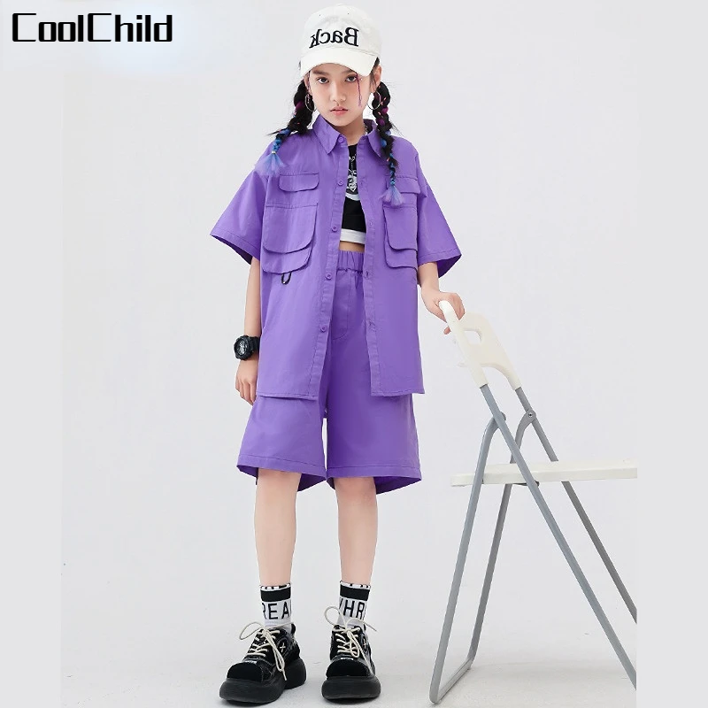 Boys Hip Hop Purple Work Shirt Cargo Shorts Girls Short Sleeve Jazz Jacket Kids Summer Street Dance Clothes Set Child Streetwear