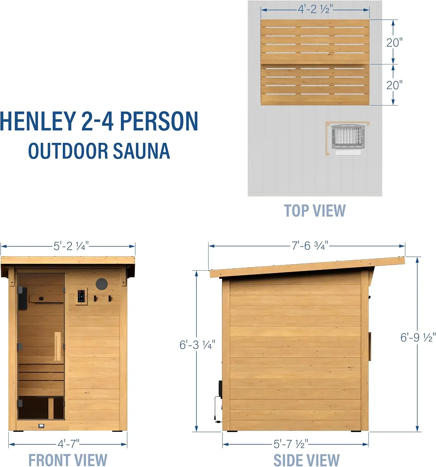 Henley 2-4 Person Traditional Cedar Hemlock Outdoor Cabin Sauna 1 Heater Glass Door Dry Heat Far Infrared LED Lights Wi-Fi