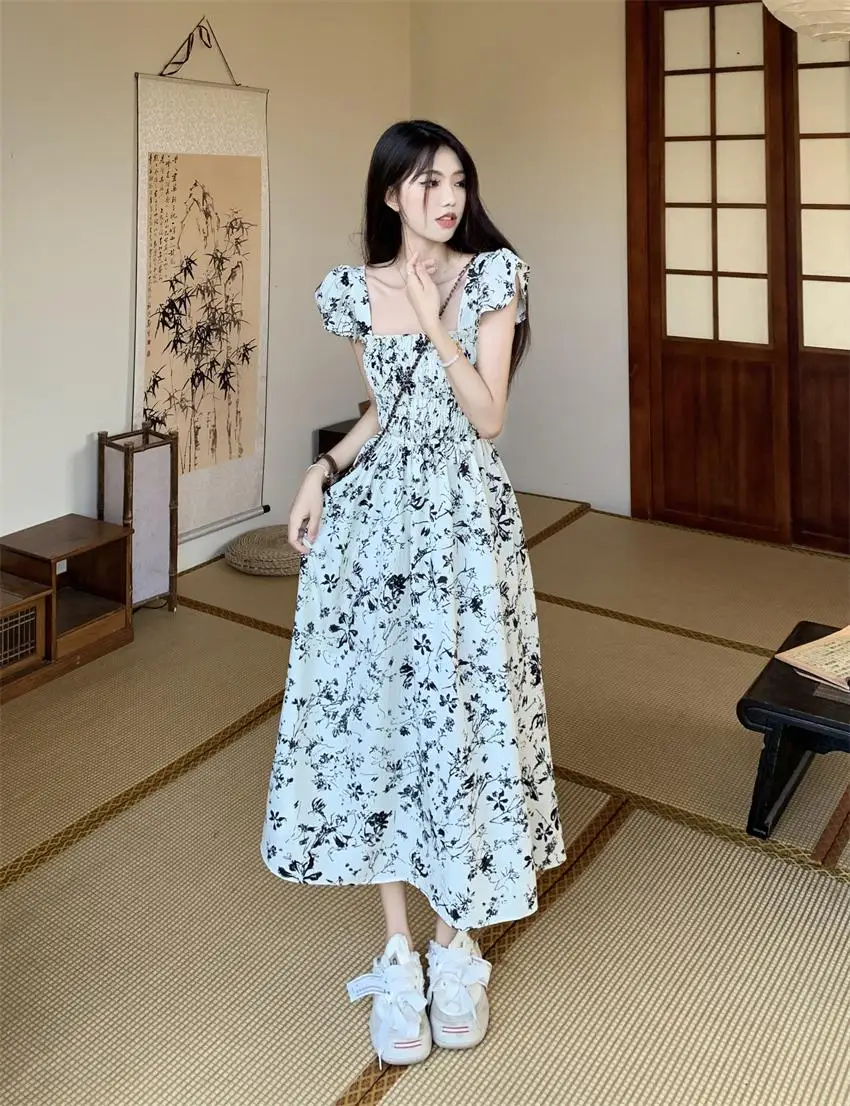 

Summer Square Collar Flying Sleeve Slim Waist Young Lady Floral Dress Fashion Printing Female Holiday Dress Long Women Dresses