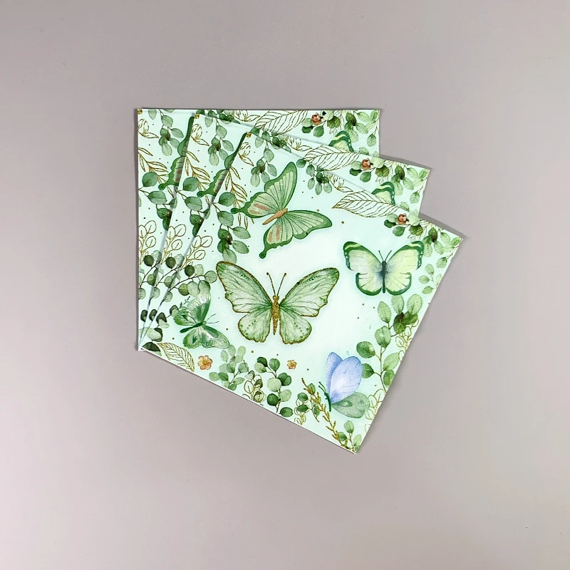 20Pcs/Bag Vintage Green Butterfly Daisy Decoupage Paper Napkins Floral Plant Paper Serviettes for Xmas Birthday Party Tableware