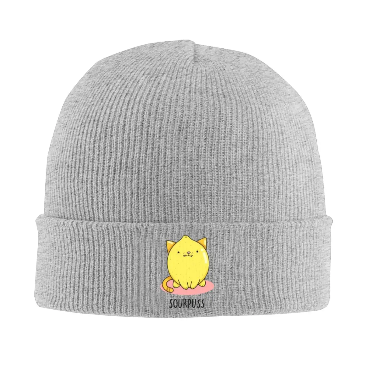 

Slouchy Knitted Yarn Hat Sour Puss Funny Lemon Cat Puns Fashionable and Warm Beanie for Cold Weather and Urban Style