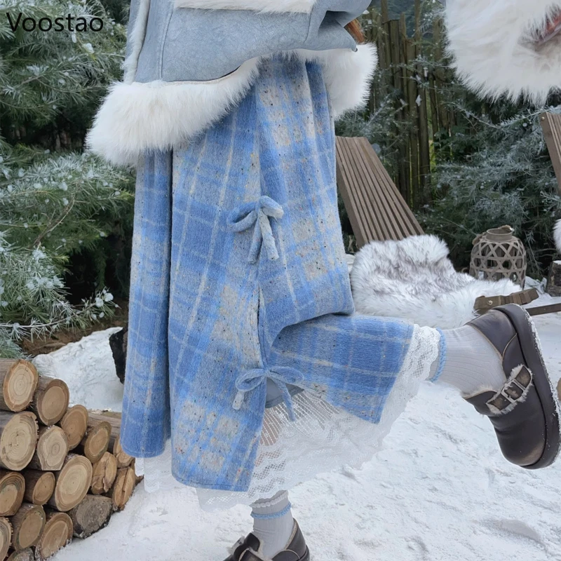 

Осень-зима, элегантная синяя клетчатая шерстяная юбка с бантом, женская милая кружевная юбка с оборками в стиле пэчворк, вечерние юбки в стиле ретро, женская повседневная юбка миди