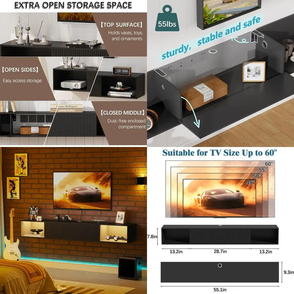 

Черная 55 настенная плавающая подставка для телевизора со светодиодной подсветкой и местом для хранения вещей для спальни и гостиной