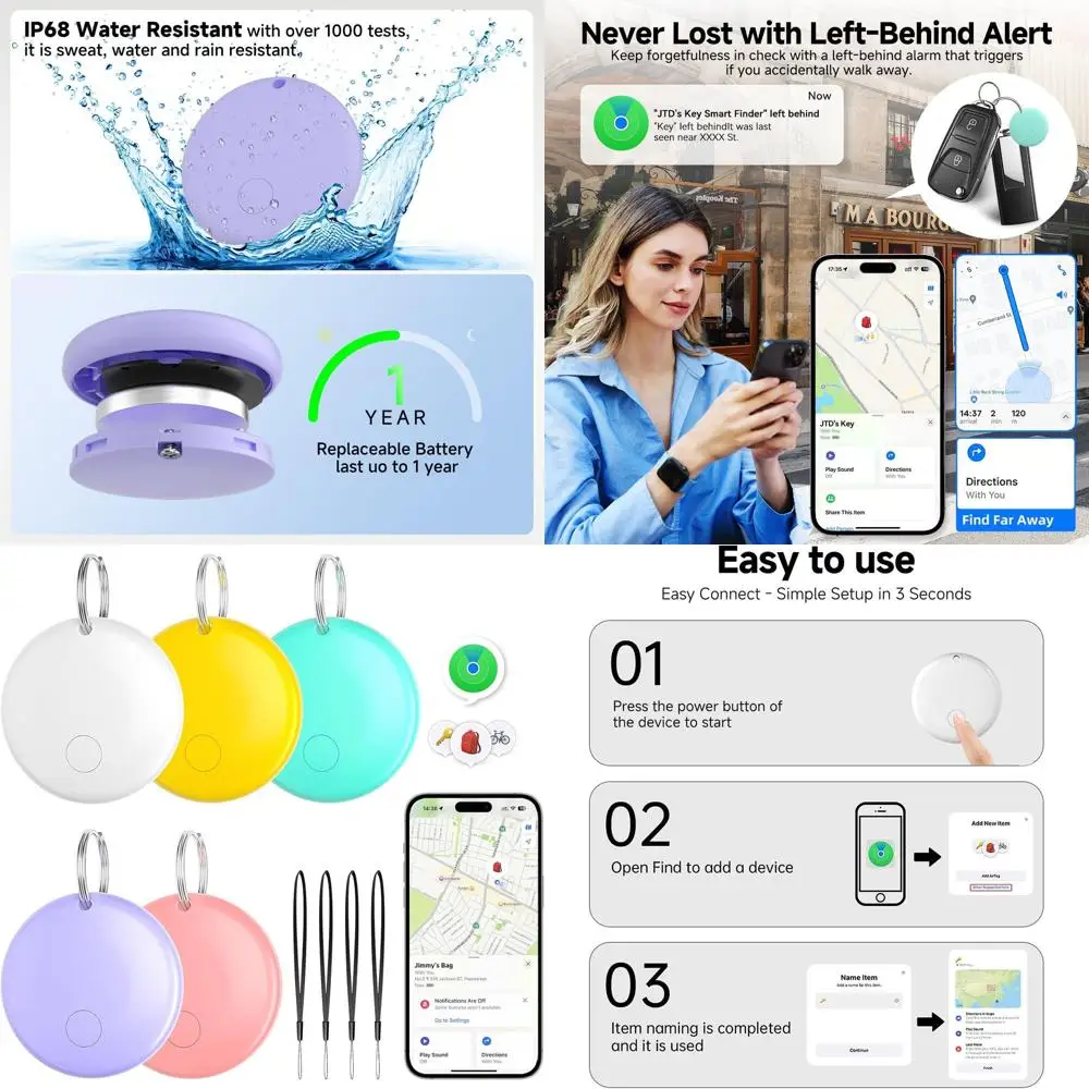 

Набор из 5 водонепроницаемых трекеров с функцией оповещения, разноцветными брелоками, различными креплениями, совместимый с iOS