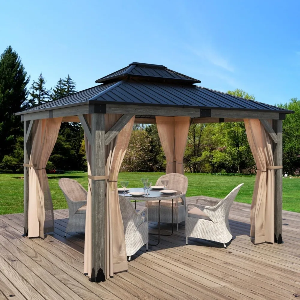 

12x12 Outdoor Wood Gazebo, 2-Tier Metal Hardtop Wooden Frame Gazebos for Patio with Privacy Curtains ,Outside Canopy Gazebo