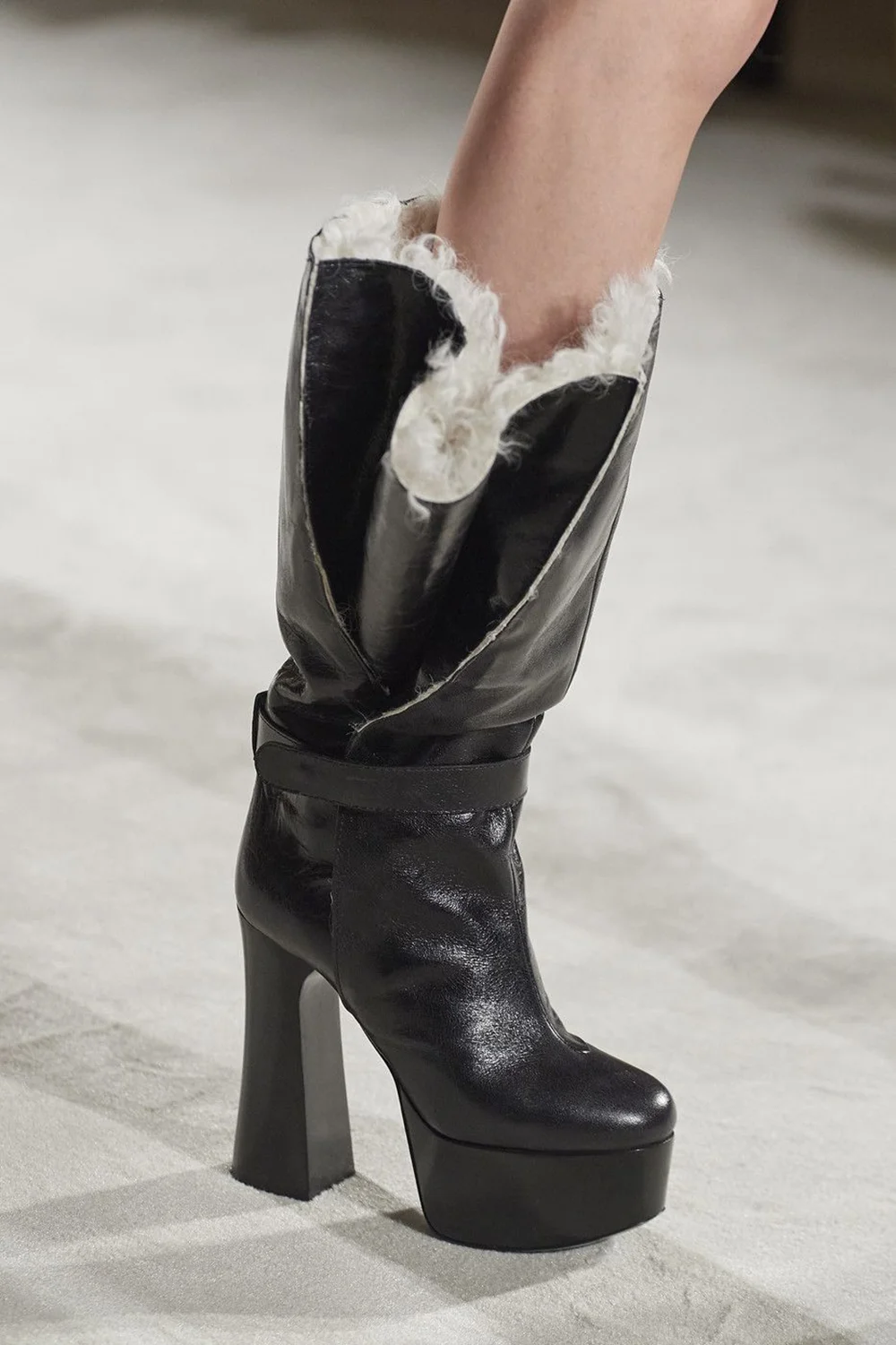 

Fashion Black Patent Leather Platform Mid-Calf Boots Chunky Block Heel Shearling-Lined Cuff Strap Accent Winter Casual Looks