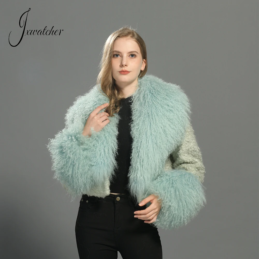 Jxwatcher abrigo de lana para mujer, puños con cuello de piel auténtica de Mongolia, moda de invierno, Chaqueta corta de Tweed de Color sólido,