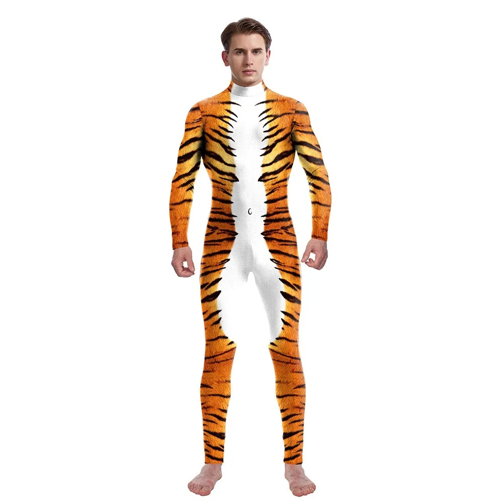Body mit Tigermuster, Performance-Kostüm, elastisches, eng anliegendes Outfit, Halloween-Anzug mit Tierapfen für Männer und Frauen