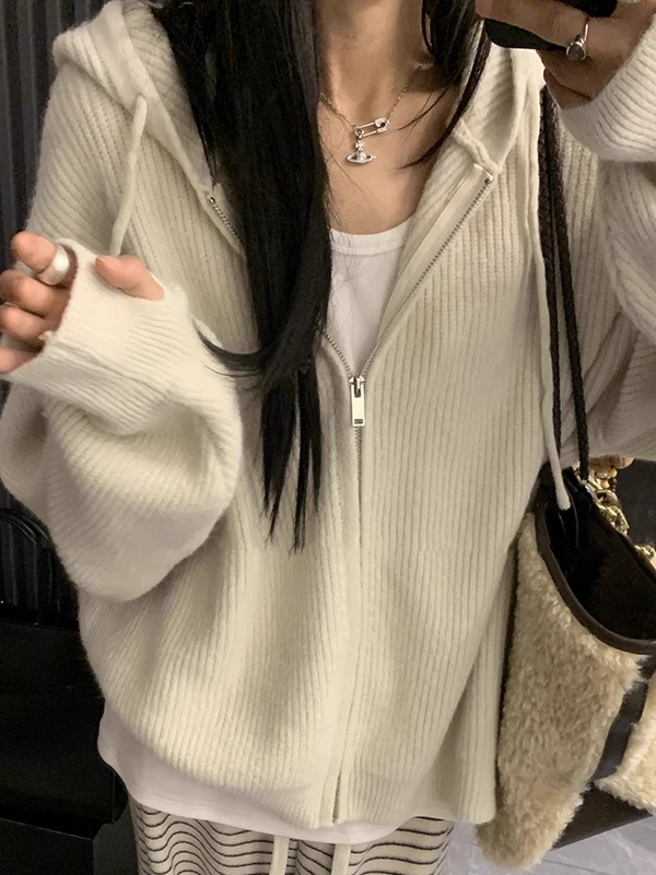 

Корейский свитер на молнии с капюшоном, кардиган, женский осенне-зимний новый ленивый высококачественный вязаный свитер, пальто