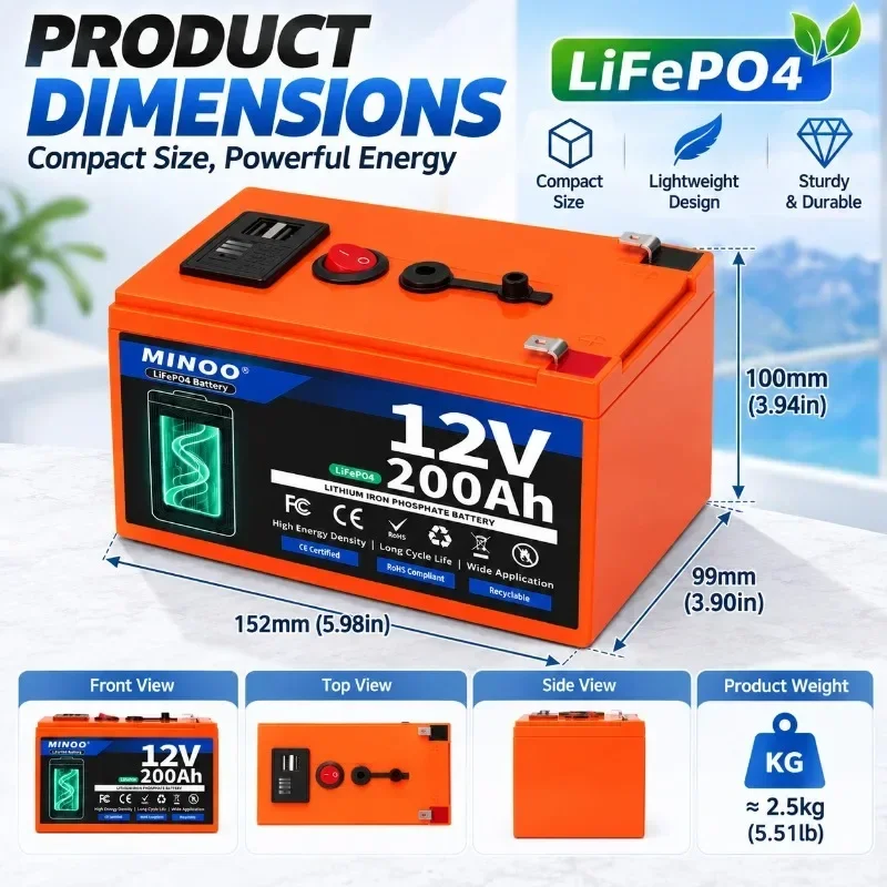 LiFePO412V 200AH battery with charger, 12V lithium battery built-in in 200A BMS 8000+Cycle Foam for quick transportation from Bo