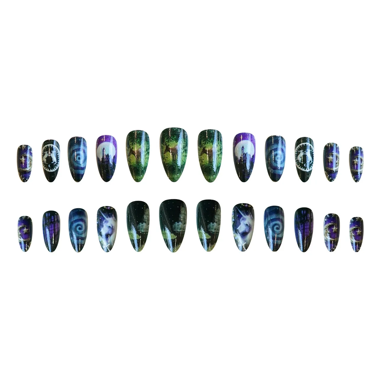 24 قطعة الخيال السماوية الحصان الأظافر وهمية لطيف الكرتون الساحرة اللوز الأظافر كاذبة مع معدن القمر الخرز ديكور اضغط على الأظافر