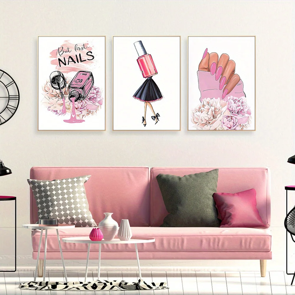 （NoFranme 3PCS）-3pcs Unframed Creative Canvas Poster, Salon Nail Manicures Painting, Modern Art Canvas Wall Art, Artwork Wall