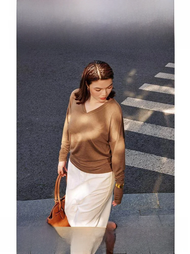 

Роскошная трикотажная футболка Camere Long Sve V-Ne, женский топ больших размеров, миндальное молоко Cr, смесь шерсти премиум-класса из ацетата