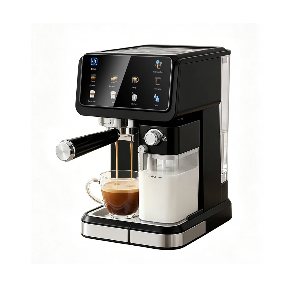Podofo 20 Bar Espressomaschine 1350W Automatisches Milchaufschäumsystem Kaffeemaschine All-in-One Kaffeebereiter 6 Kaffee-Modi Espressomaschine für Latte, Cappuccino & Cold Brew