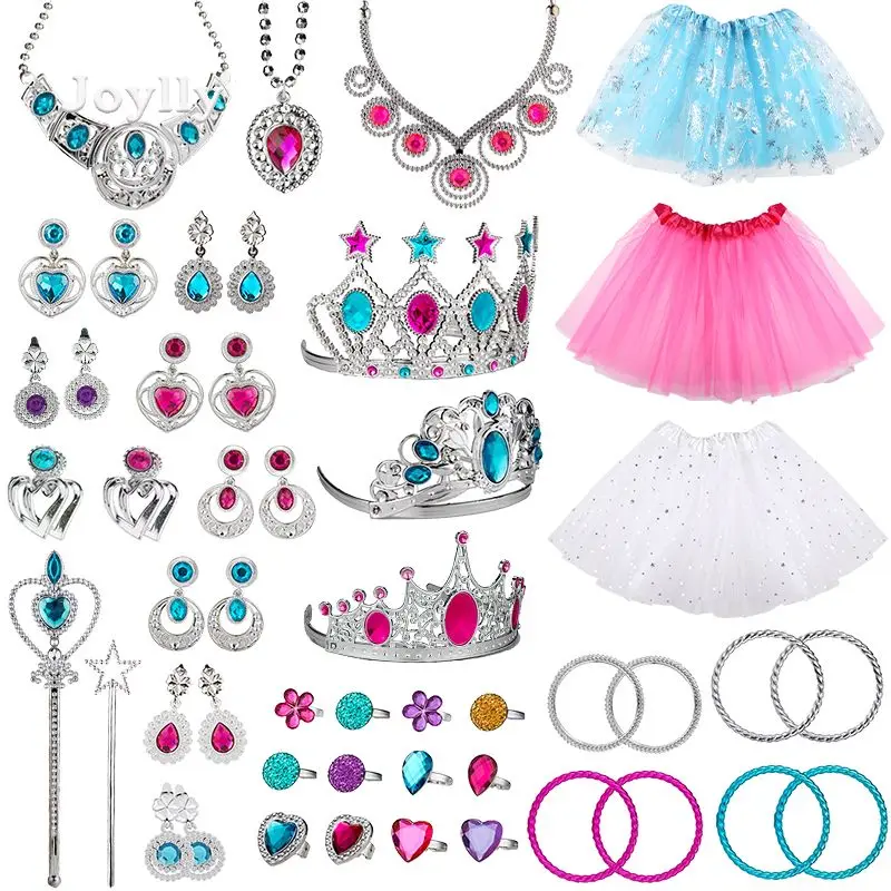 

Princess Dress Up Skirts Jewelry Pretend Play Set Girls Favor Necklace Crowns Earrings Cosplay Makeup Gifts Accessories for Kids