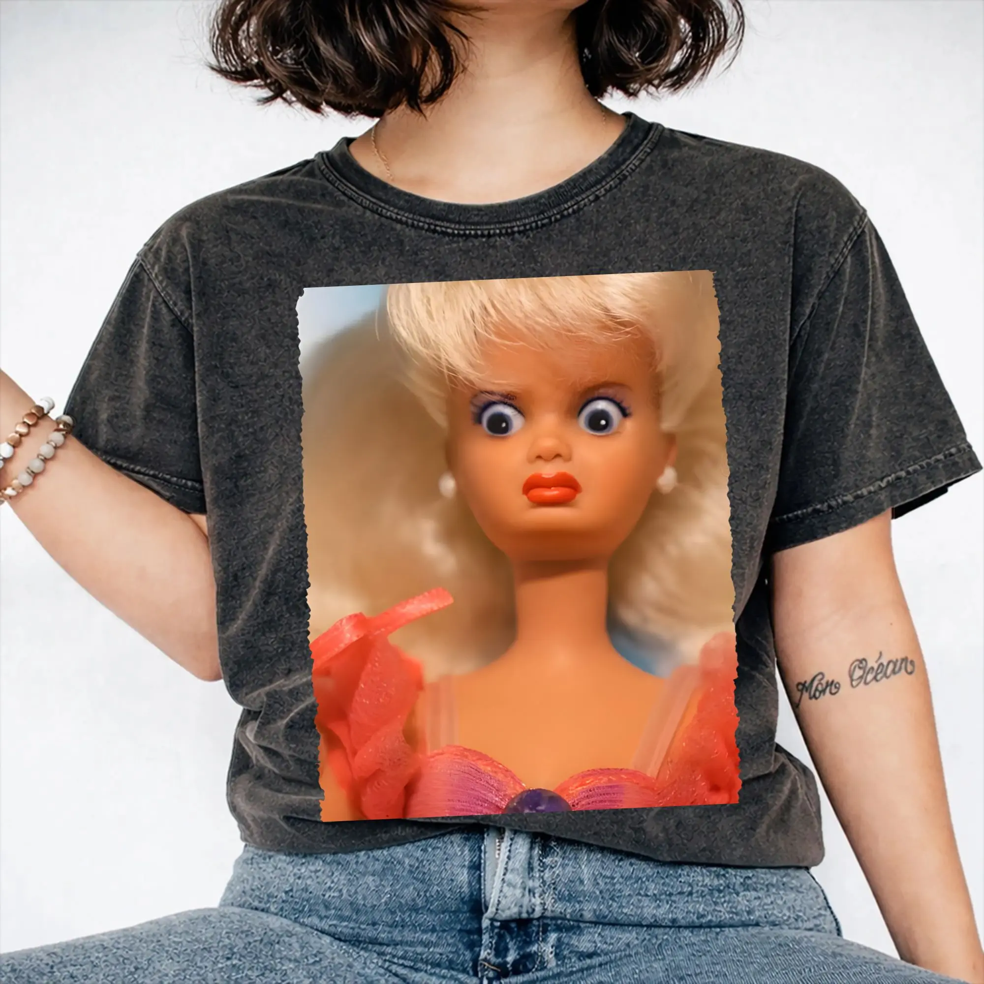 Disgusted Face Meme Doll Babe Washed T Shirt Streetwear Hip Hop Novelty T-Shirts  Tee Shirt Men Women Short Sleeve Oversize