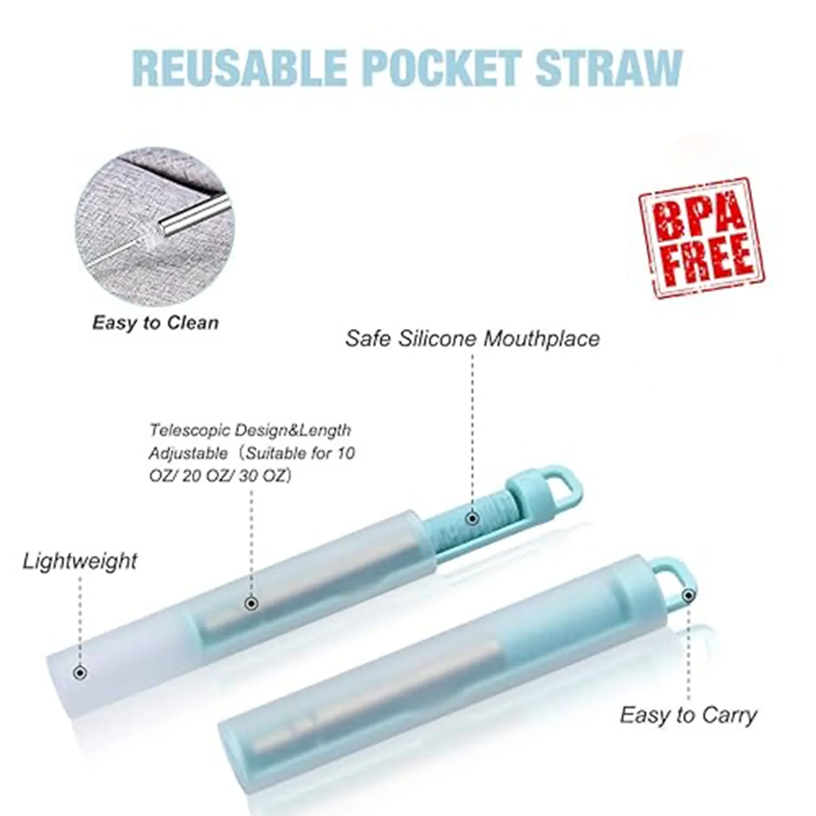 Reusable Pocket Straws Retractable Stainless Steel Straws with Cleaning Brush Portable Folding Straw Set with Keychain Organizer