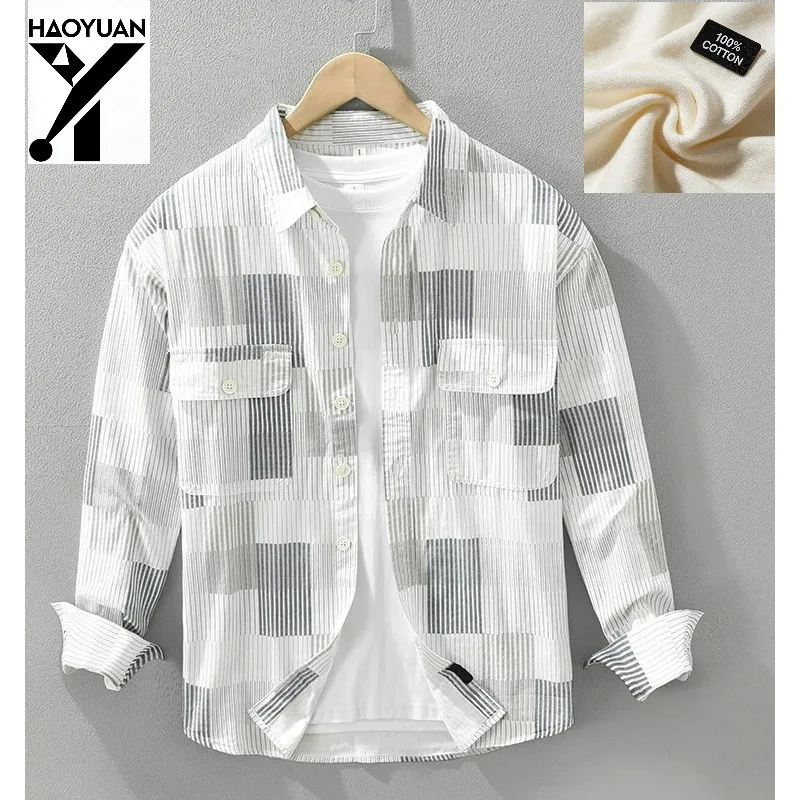 

Spring and Summer Men's Casual Shirt with Large Pockets Striped Pure Cotton Fashionable Loose Fit Long Sleeved Men's Shirt