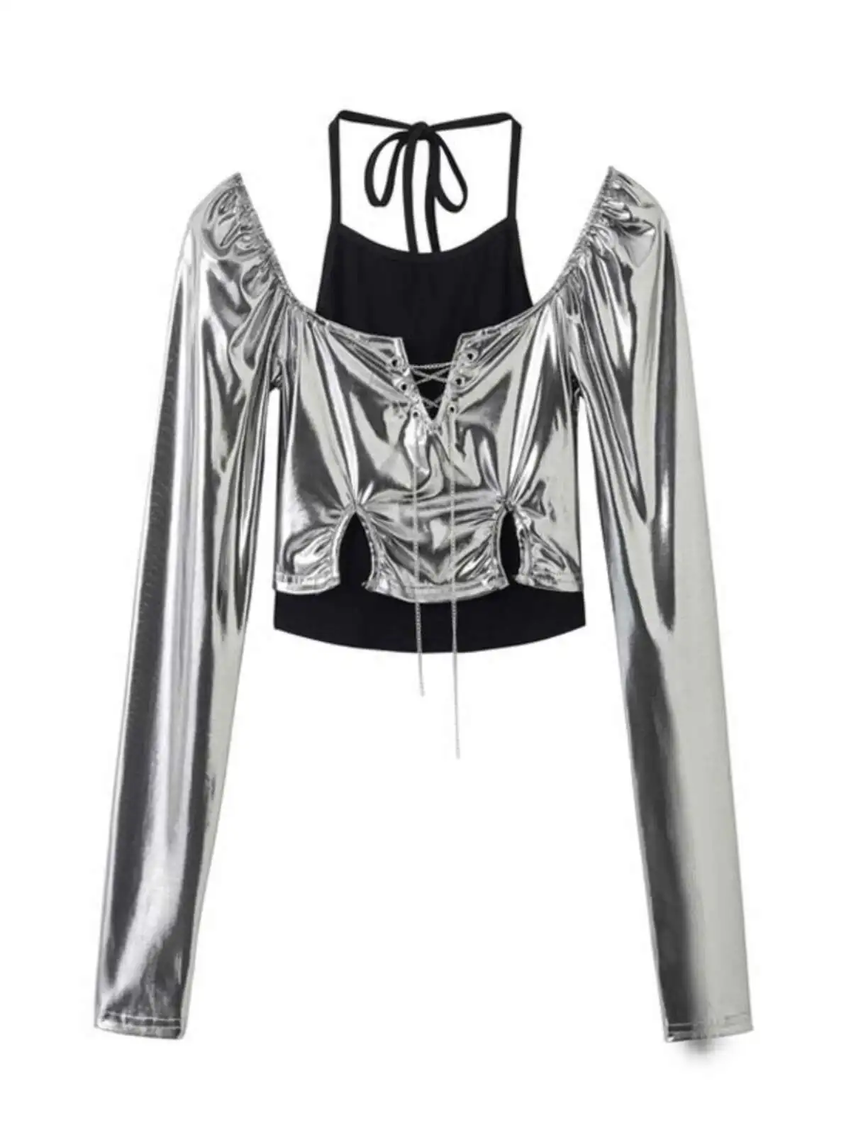 Sense Of Design Silvery Halter Montage Fake Two Pieces Womens fashion Hottie Hollow Out Pure Desire Jazz Dance Tops Clothing