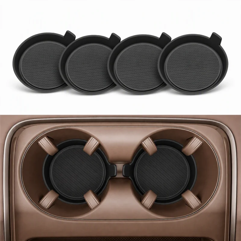2/4Pcs Car Cup Holder Coaster Silicone Insert Carbon Fiber Anti-Rattle Non-Slip Pad with Pull Tab Universal Car Accessories