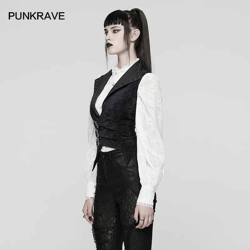 펑크 레이브 여성용 펑크 가죽 느낌 직조 & 벨벳 크랙 불규칙 밑단 조끼 메탈 아일렛 조절 가능한 드로스트링 클럽 조끼