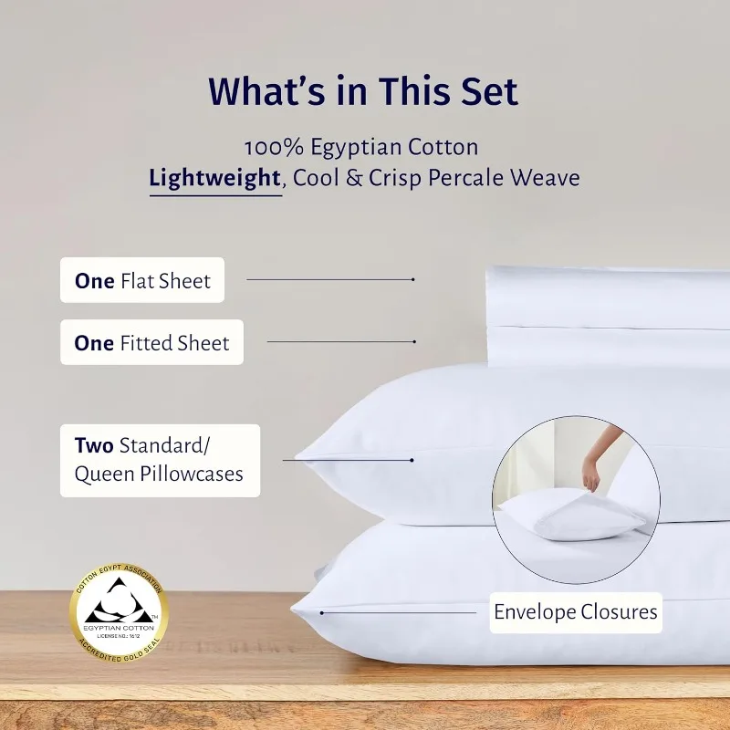 Set lenzuola queen size certificato 100% cotone egiziano - Set lenzuola matrimoniale in percal leggero e croccante Dee