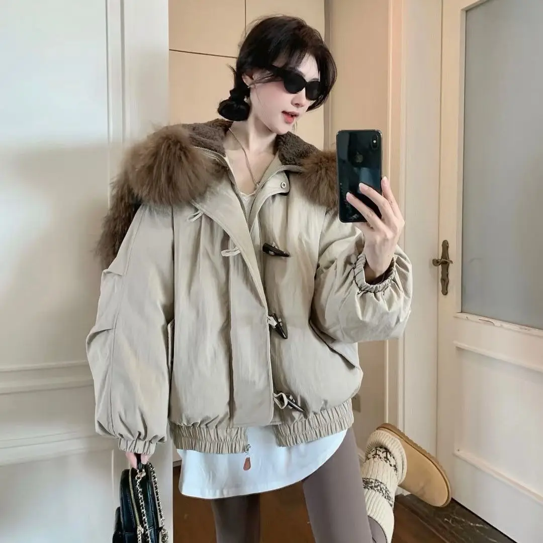 

2025 Winter Women's Short Parka-Thick Faux Fur Hood Coat Horn Button Hooded Military Jacket Warm Padded Outerwear