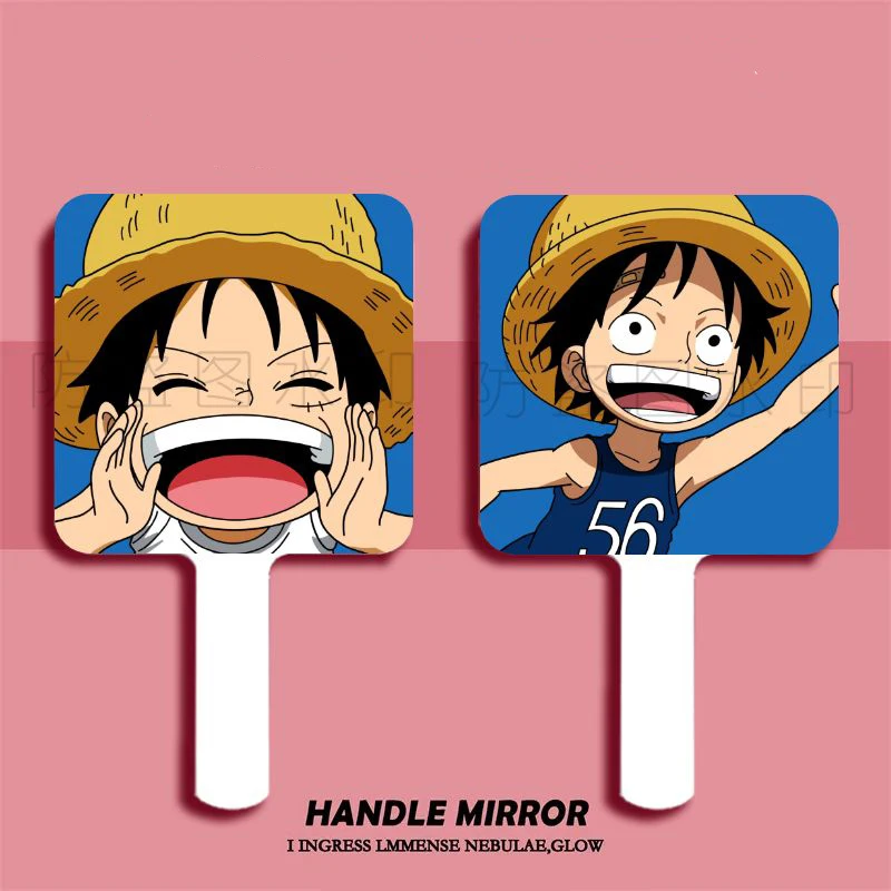 Espejo de maquillaje portátil con mango de Luffy, accesorio de Anime de una pieza, se coloca en la bolsa, portátil, para uso en dormitorio