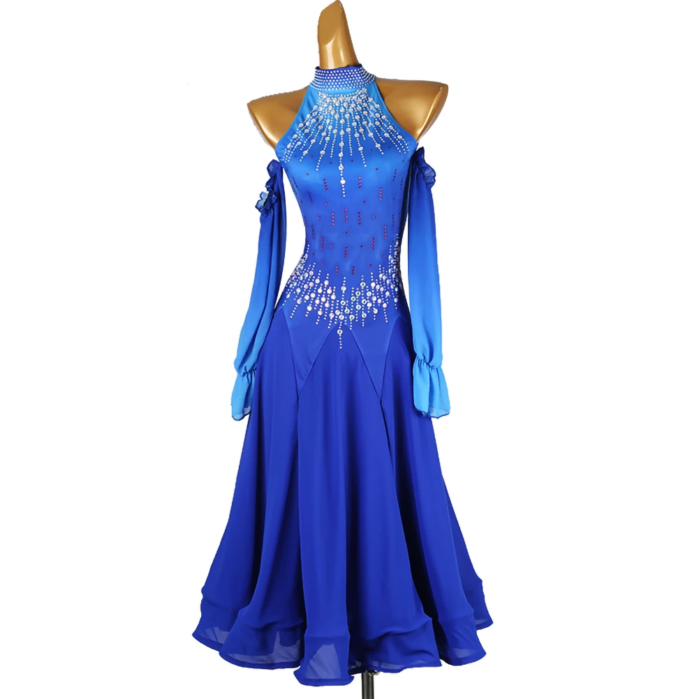 Abiti da spettacolo Abiti da ballo standard Concorso Strass Gonne da flamenco Abito da valzer Blu reale di alta qualità High-end