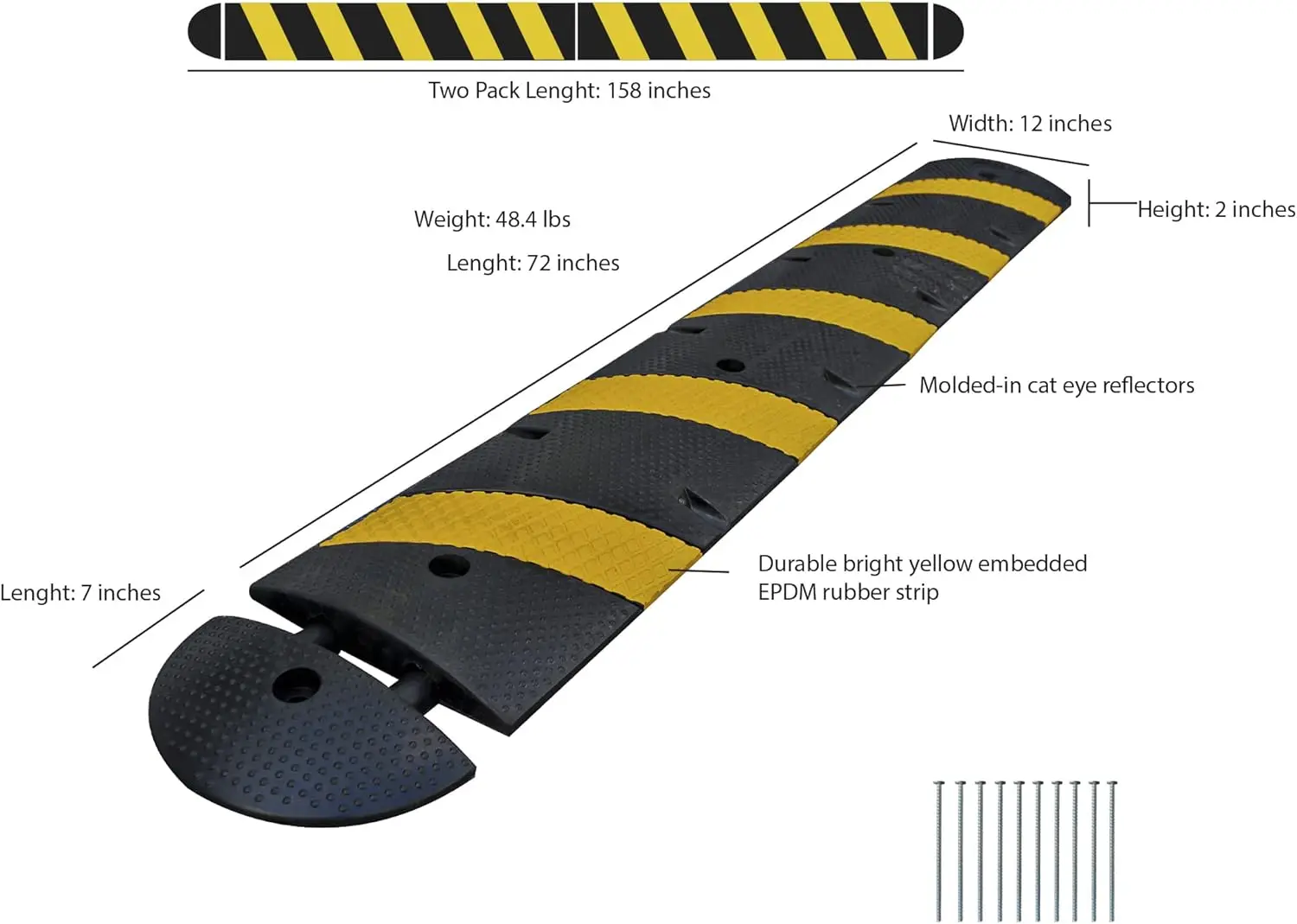 Traffic Speed Bump 2 Pack With 2 End Caps With Hardware, Economy Recycled Rubber, Especially Made For Asphalt Black And Yellow