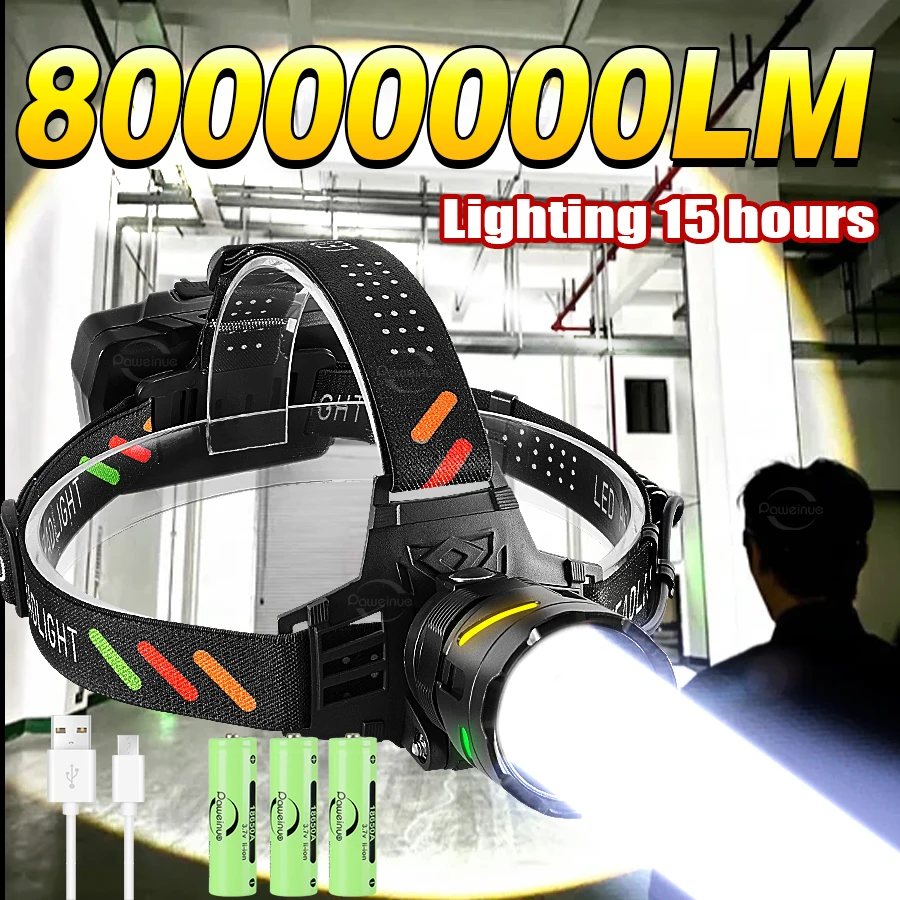 80000000LM Most Powerful LED Headlamp Ultra Bright 4500M Head Flashlight Rechargeable Head Torch for Fishing Hunting Camping