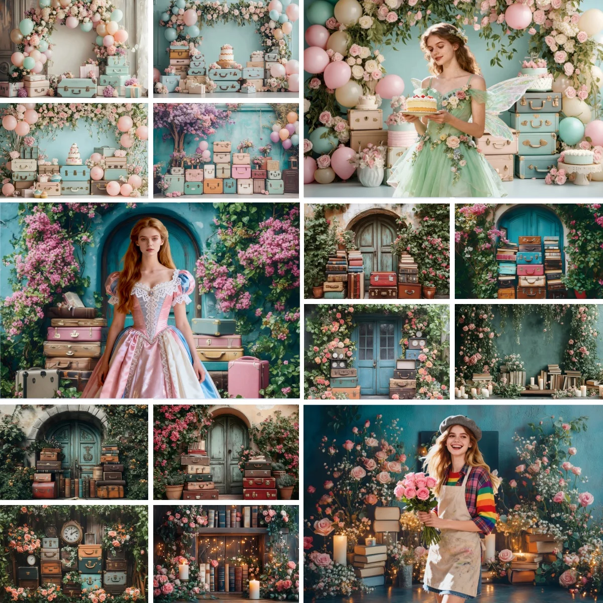 Spring Easter Background Vintage Wall Wooden Door Bookshelf Flowers Balloons Luggage First Travel Girls Portrait Photo Backdrop