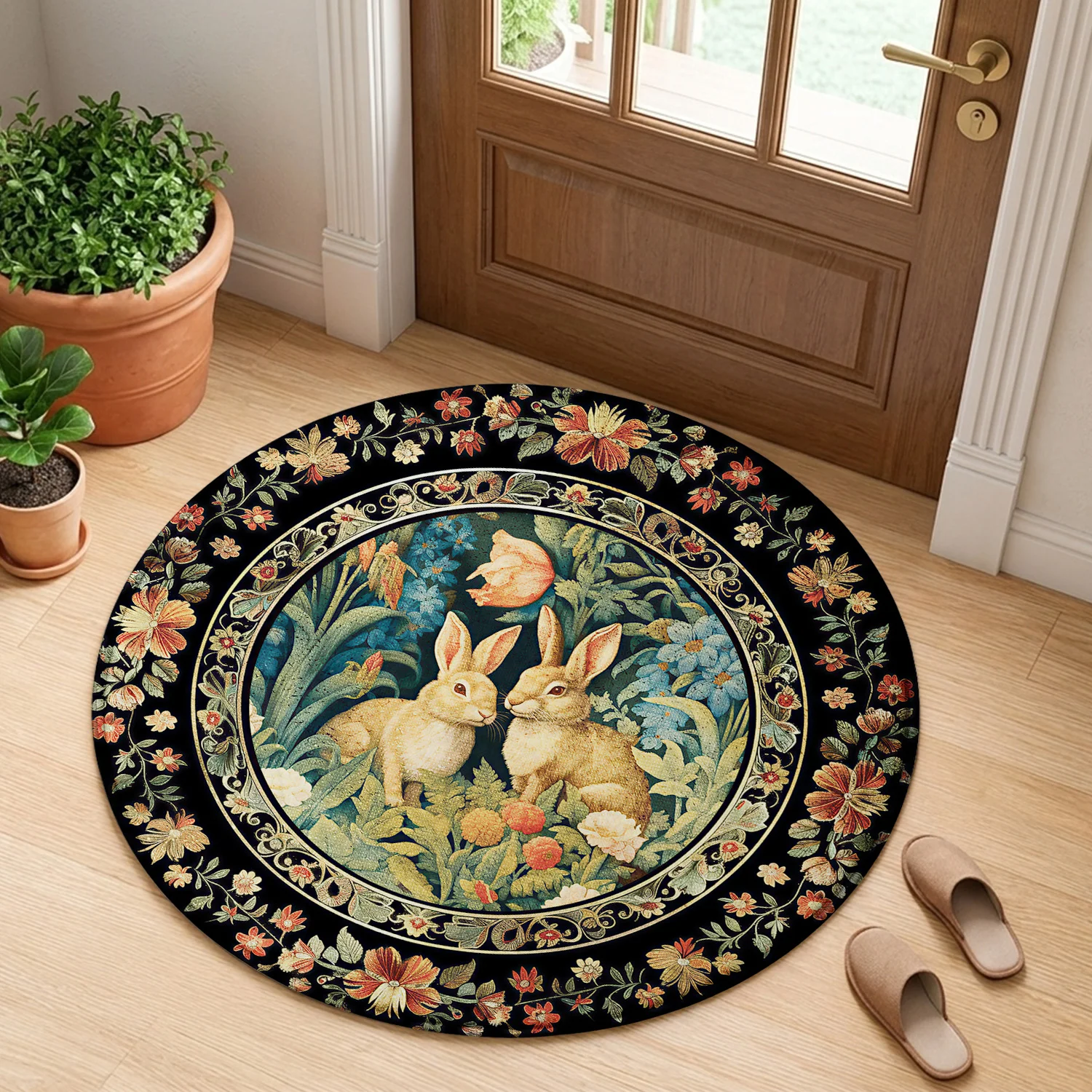 Vintage Round Rug with Cute Rabbits & Floral Vines Non-Slip Carpet for Entryway Bedroom Living Room Home Decor