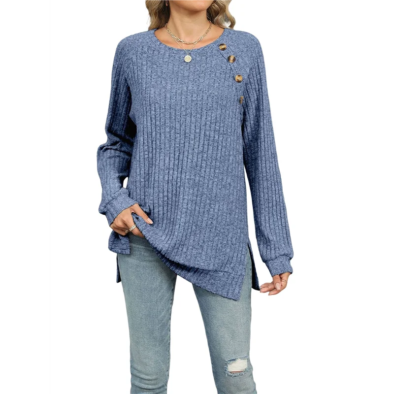 ASDS-Женские рубашки с длинными рукавами, легкие туники с декором на пуговицах, топы с разрезом по бокам