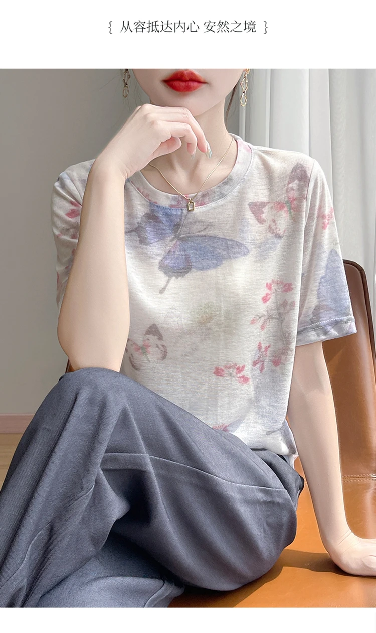 Summer Round Neck Acetic Acid Satin Short Sleeve T-shirt Women's Simple Half Sleeve White Blouse With Thin Inside