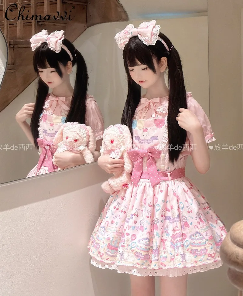 

Original Lolita Sweet Cartoon Print Strap Dress 2025 Autumn New Cute Girl Womens Temperament Kawaii Short Lolita Dresses
