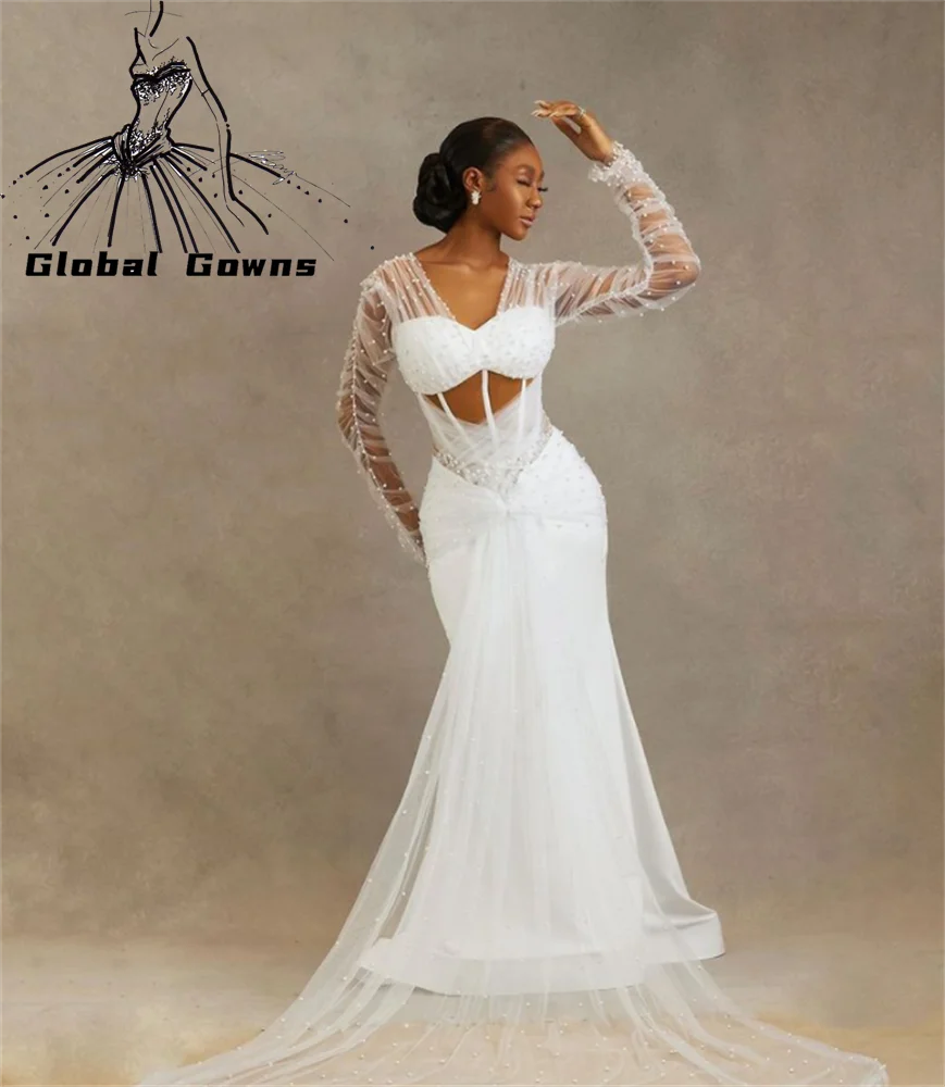 

Aso Ebi African White Sweetheart Wedding Dress Beaded Pearls Bridal Gown Mermaid Evening Dresses Robe De Bal